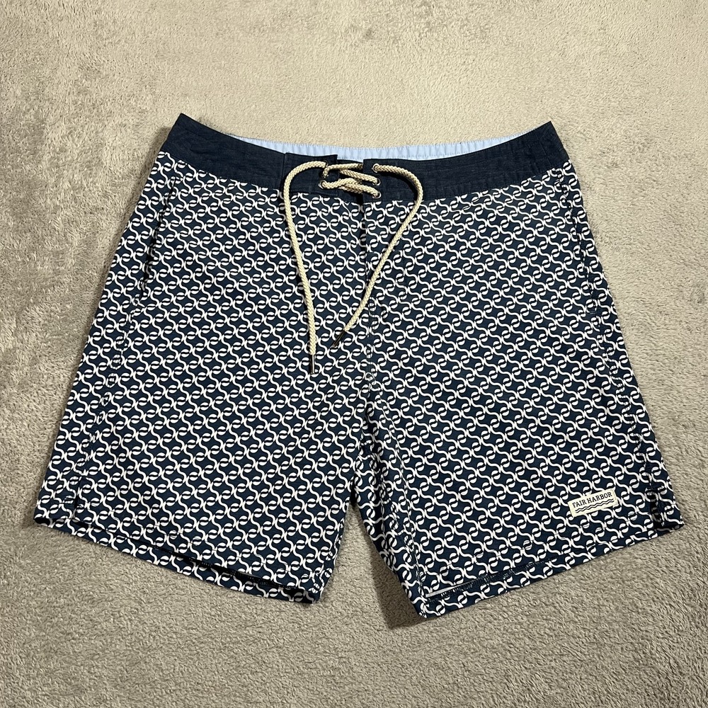 Fair Harbor Board Shorts Mens 34 Blue White Swim Beach Surfing Stretch Trunks